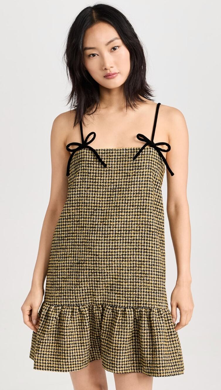 Ganni Woolen Check Mini Dress Bow Strap Drop Waist Size 32 / 0